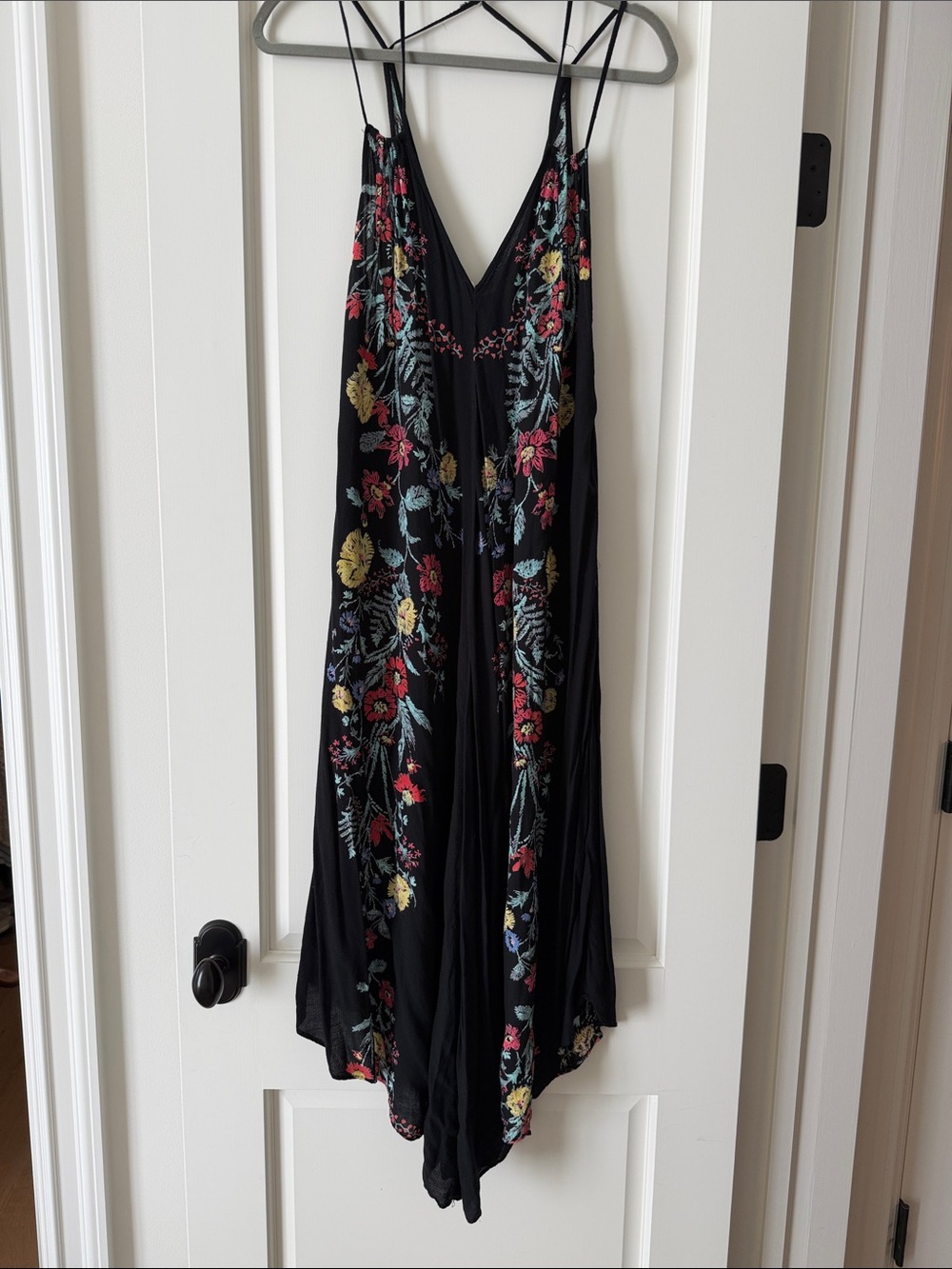 Free People Black Asymmetrical Slip Dress with Multicolor Floral Embroidery
